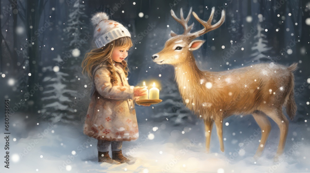 Little Girl Giving Present To A Deer in Winter Christmas Little Girl Giving Present To A Deer in Winter Christmas