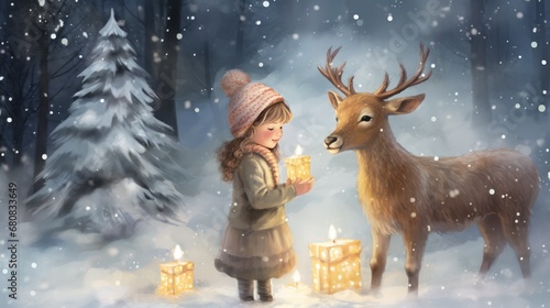 Little Girl Giving Present To A Deer in Winter Christmas