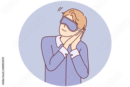 Sleepy man in eye mask ready for daydream or sleep. Happy guy in pajama preparing for nap or bedtime. Relaxation and fatigue. Vector illustration.