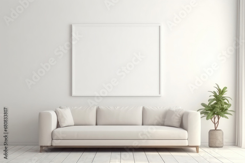 Three-dimensional mock-up frame poster in a luxurious Scandinavian living room with a white sofa. Elegant interior design. This description is AI Generative. photo