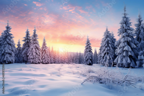 A winter landscape with snow-covered pine trees and the setting sun. Calmness and natural lighting bring out the serene beauty of this scenery. This description is AI Generative. © Alisa