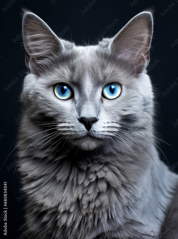 Obraz premium Close-up photo of a fluffy white cat with big, blue eyes sitting on a red couch, looking directly at the camera. The cat has a curious expression and its fur is soft and plush.