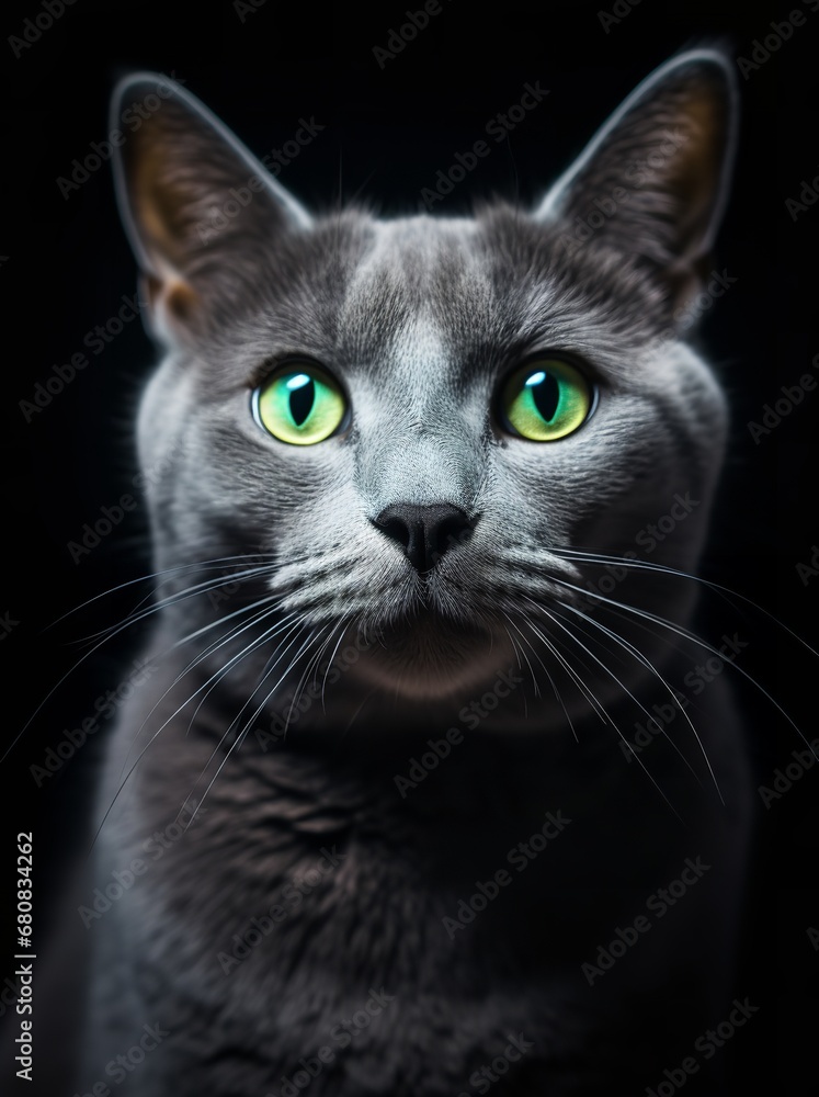 A close-up portrait of a cat with bright green eyes on a black background. The cat is a Russian Blue, Korat, or Chartreux breed, all of which are known for their distinctive green eyes.