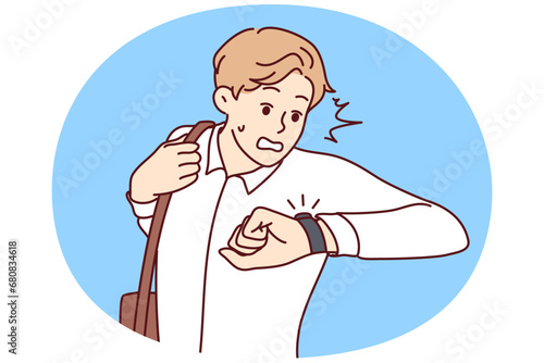Stressed man look at wristwatch being late for work. Unhappy guy check time worry about missed deadline. Time management. Vector illustration.