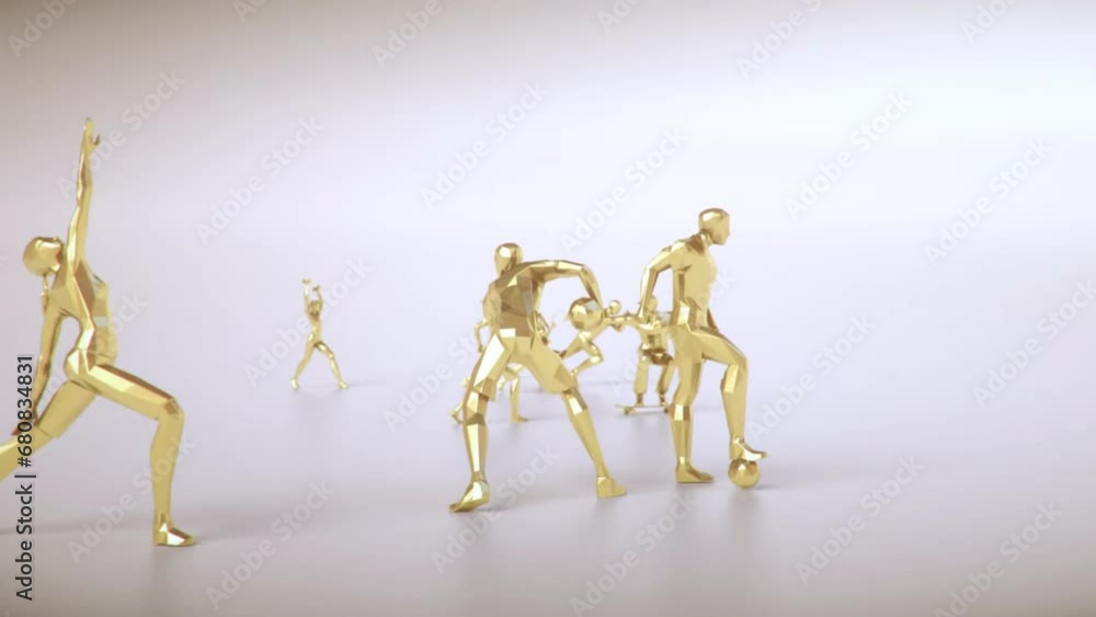 3D Animated Transition Of Series Of Different Golden Colored Sports Athletes Mannequins Gradually Zooming In. Alpha Channel. 3D Animated Transition Of Series Of Different Golden Colored Sports Athletes Mannequins Gradually Zooming In. Alpha Channel.