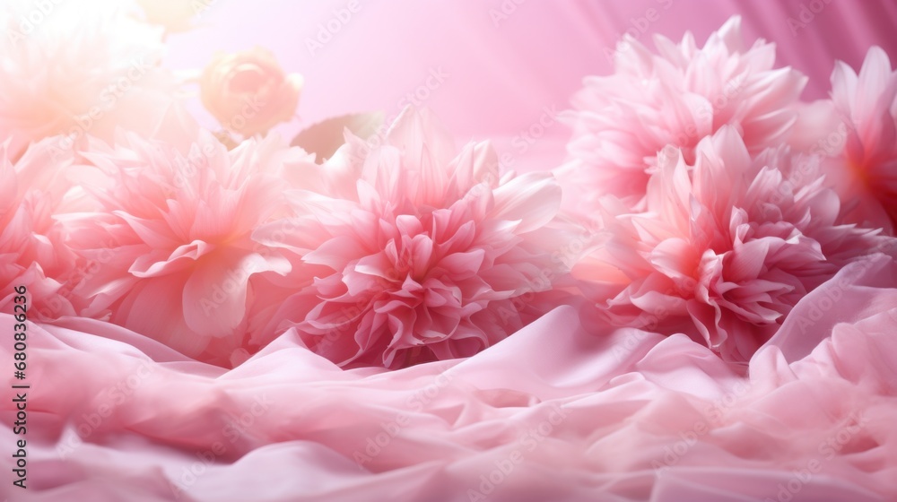 Pink flowers and petals on pink silk background