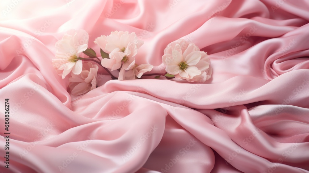 White flowers and petals on soft pink background