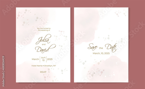 Watercolor vector wedding invitation card templates. Minimalistic background for invitation, greeting card with watercolor spots and splashes in delicate beige shades.
