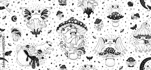 Trippy frog pattern. Psychedelic doodle frog toad background. 60s cartoon seamless pattern. Cute child character. Abstract crazy cute frogs on mushroom, flower, moon, wing. Vintage celestial drawing