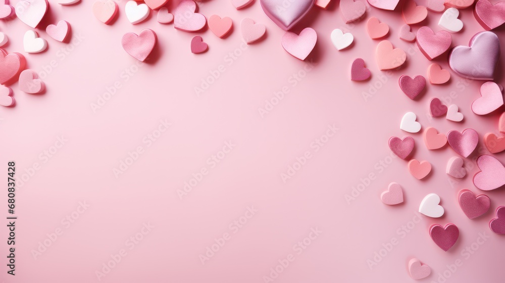 Valentines day card banner with Heart confetti falling over pink cloud background for greeting cards