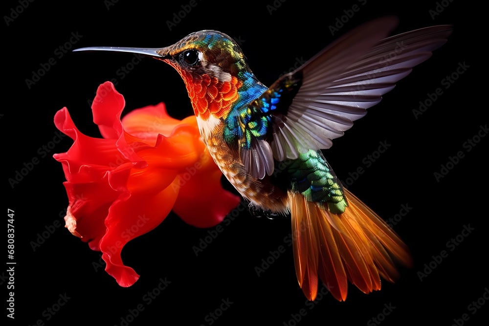 Obraz premium Whispers Of Tomorrow: Nano-tech Hummingbirds Amidst High-Tech Blooms