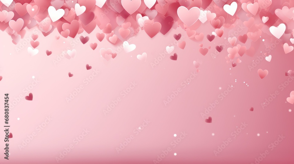 Valentines day card banner with Heart confetti falling over pink cloud background for greeting cards