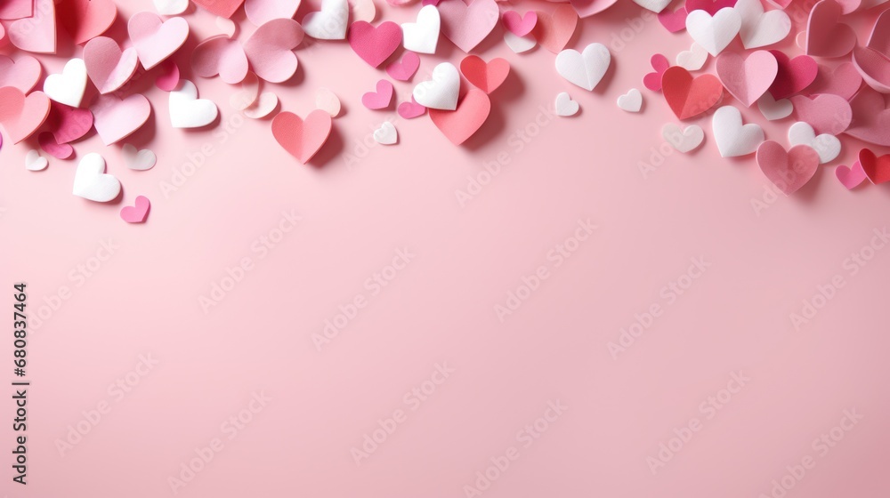 Valentines day card banner with Heart confetti falling over pink cloud background for greeting cards