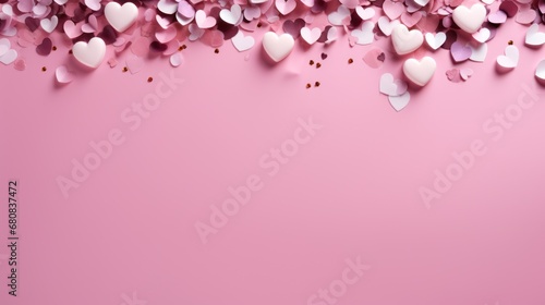 Valentines day card banner with Heart confetti falling over pink cloud background for greeting cards © Kowit
