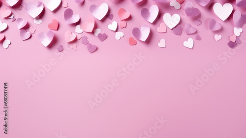 Valentines day card banner with Heart confetti falling over pink cloud background for greeting cards © Kowit