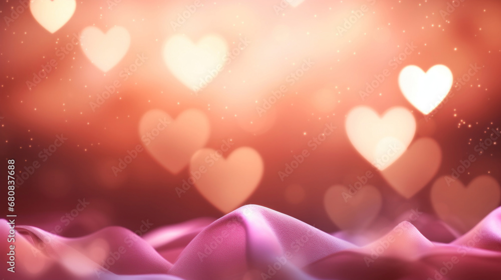 Beautiful golden Valentine's day background with soft pastel pink silk and heart shape bokeh