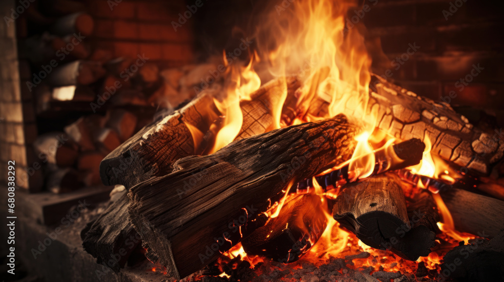 Close up of a fire in a fireplace