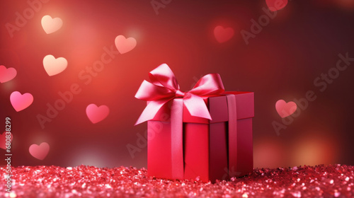 Red gift box on a pink background wuth heart shape bokeh