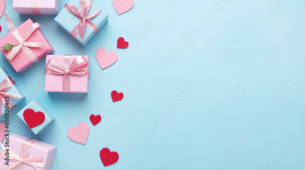 Pink gift boxes with hearts on blue background. Top view