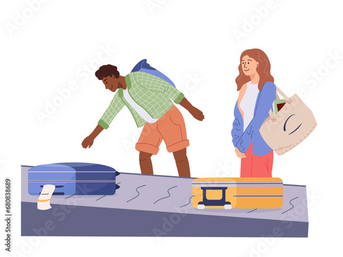 People get bags in airport terminal. Scene with man and woman at airport baggage claim area. Passengers at conveyor belt with luggage. Cartoon flat vector illustration