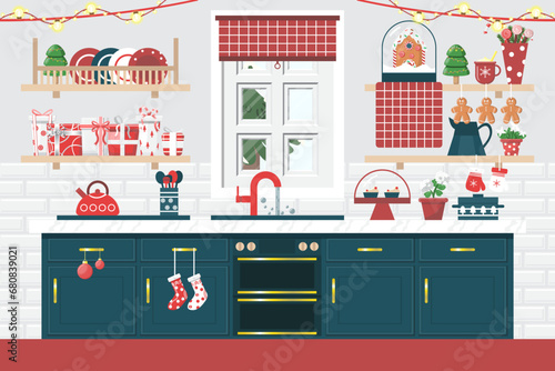 Christmas in decorated festive kitchen interior with kitchenware and dessert.