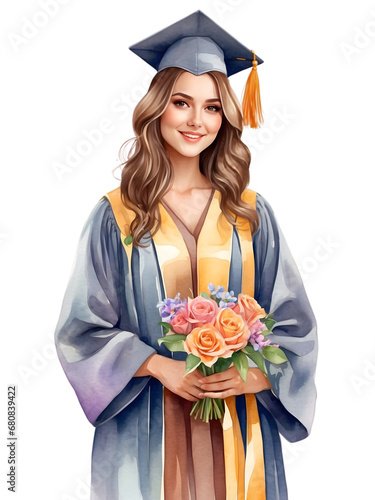 Watercolor illustration of a woman with long hair wearing grey color graduation gown, She holding flowers bouquet on her graduation's day. Successful. Celebrating day. 