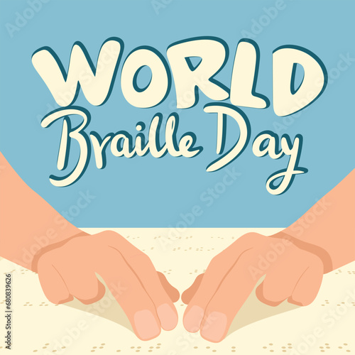 World Braille Day text banner. Handwriting World Braille Day lettering banner. Text holiday banner with hands. Hand drawn vector art.