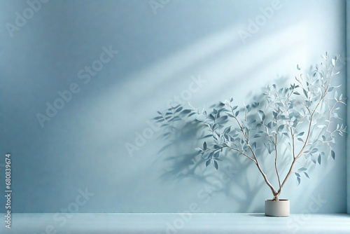 Minimalistic abstract gentle light blue background for product presentation with shadow from tree branches on wall.