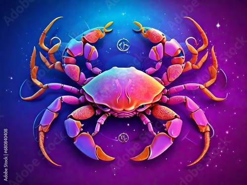 llustration of a blue crab on a purple background with stars. Zodiac sign.