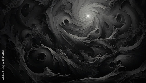 Swirling Energy: Abstract Black and White Artwork with a Bright White Circle
