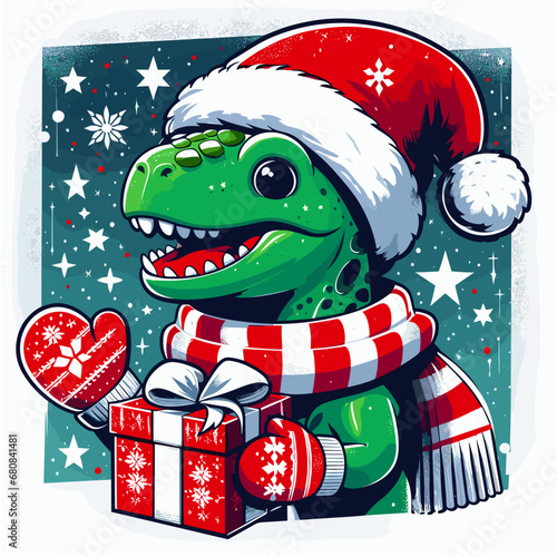 Dinosaur santa claus and gifts