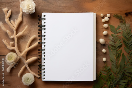 White notebook with leaves on a wooden table. Generative Ai