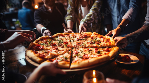 pizza in the restaurant, Group of peoples eat Italian pizza, hands take slices of pizza in a restaurant