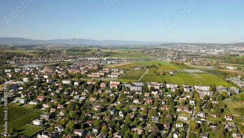 Panoramic Aerial Of Preverenges Town In The Swiss Canton Of Vaud, Morges, Switzerland. Aerial Shot photo