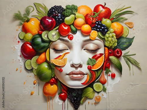 highly quality acrylic oil paint of a face shape made out of fruits and vegetables. on nature background. good healthy Facial care concept. 