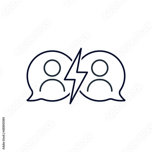 Dialogue, dispute, confrontation. Different opinions. Vector linear illustration icon isolated on white background. 