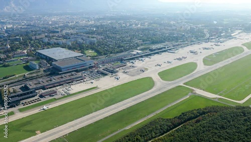 Aerial View Of Geneva International Airport In Switzerland - Cointrin Airport. - helicopter shot photo