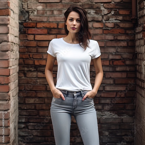 Urban chic: A young woman in a classic white tee exudes casual elegance against a brick backdrop.