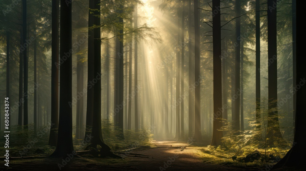 Fototapeta premium Forest Tree with Sunlight Beaming Through