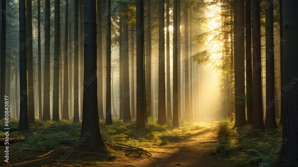 Obraz premium Forest Tree with Sunlight Beaming Through