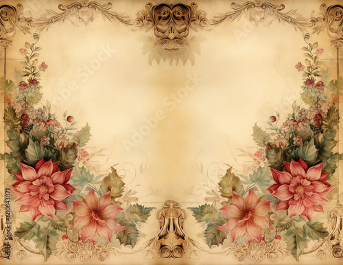 A background of red flowers and graceful curls on a parchment canvas with room for text