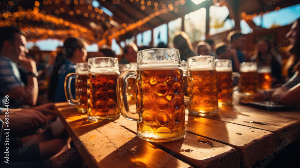 Oktoberfest, munich. Beer mugs on table, People drinking beer and having fun, tent interior. Oktoberfest, munich. Beer mugs on table, People drinking beer and having fun, tent interior.