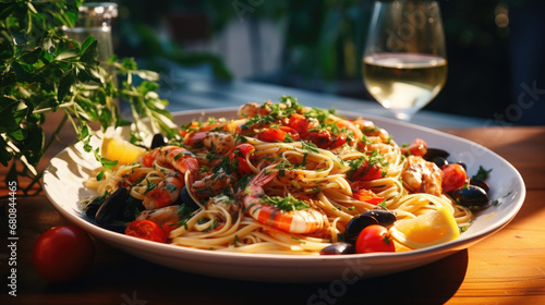 Italian Traditional seafood spaghetti. Seafood pasta made from spaghetti with mixed seafood,cherry tomatoes on white plate with a glass of wine photo
