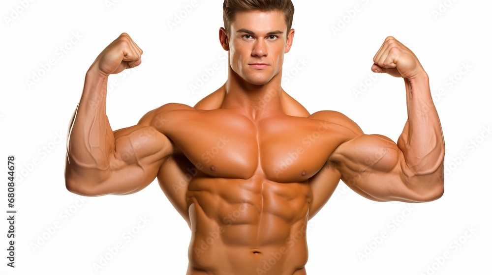 Fototapeta premium Fit Athlete Exhibiting His Well-Defined Muscles - Studio Shot with Solid Background
