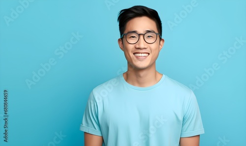 Attractive asian man wearing blue tshirt and glasses. Isolated on blue background. Generative AI