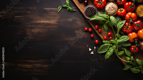 Italian food ingredients on dark background .Food ingredients for italian pasta, spaghetti on black stone slate background. Copy space of your text. Banner. photo