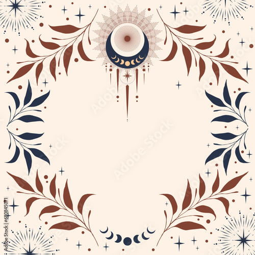 Boho vector frame with leaves and  stars. Elegant ornament. Mystic frame for tarot, esoteric, astrology design. Template for poster and prints.