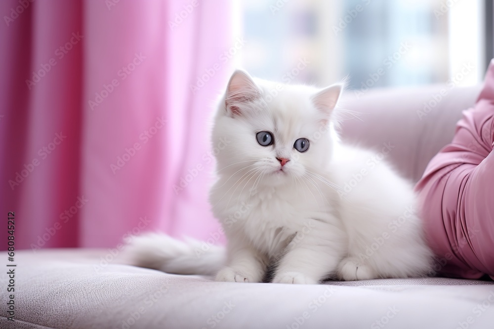 close-up photo of a fluffy white cat with big, blue eyes sitting on a pink couch, looking directly at the camera with a curious and playful expression.