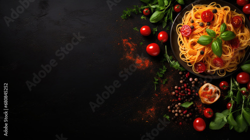 Food ingredients for italian pasta, spaghetti on black stone slate background. Copy space of your text. Banner.
