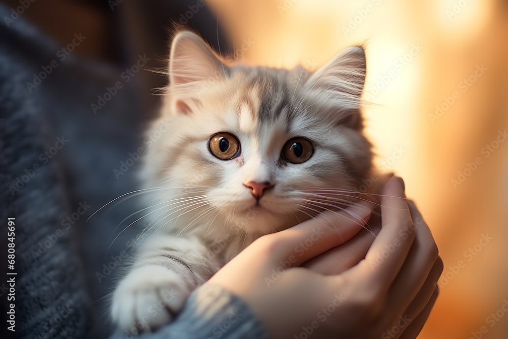 Mesmerizing close-up photo of a fluffy black cat with piercing yellow eyes sitting on a red couch, looking directly at the camera with a curious